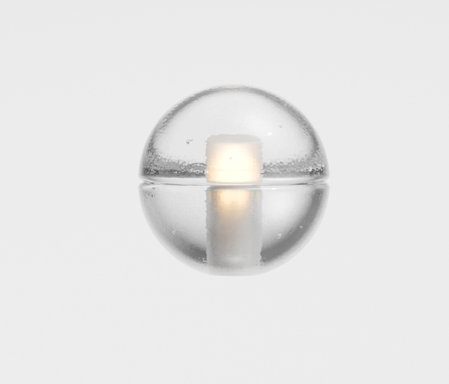 Clear hammered glass Bocci pendant lit, closed and suspended